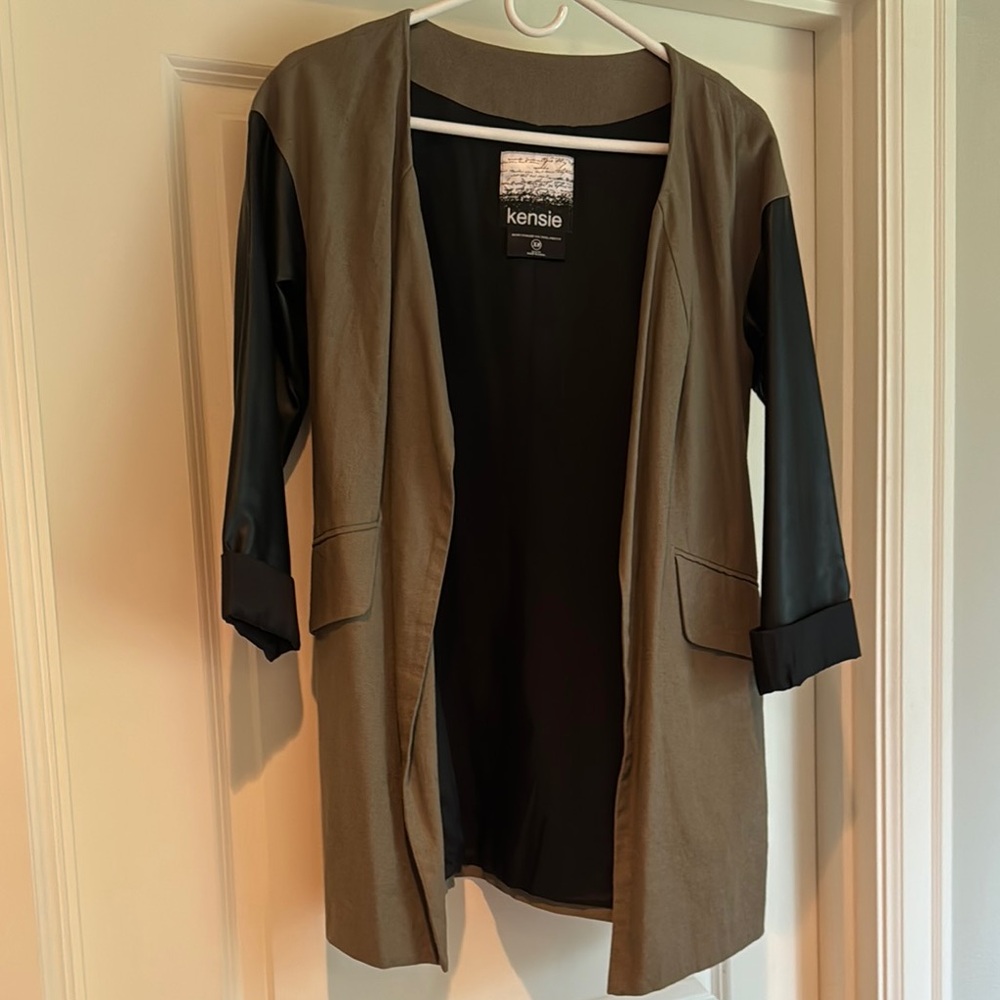 Kensie Khaki and Black Leather Open Front Drape Jacket